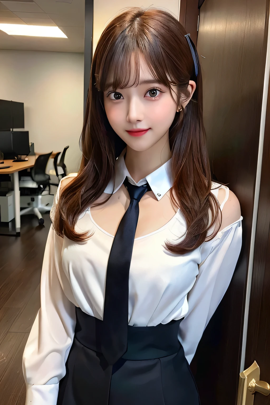 masterpiece, best quality, ultra-detailed, illustration, epic lighting, cinematic composition, isometric, 1girl, solo, cute, brown eyes, black hair, swept bangs, single sidelock, red hairclip, white collared shirt, black necktie, black pants, formal, enchanting gaze, captivating pose, indoors, office, door, opening door, looking at viewer, peeking out upper body, blush, seductive smile, closed mouth,(8k:1.1),