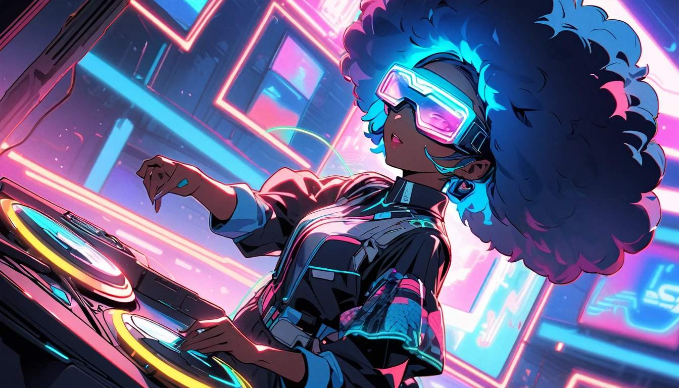 Beautiful, 1 dark skin, single girl, fluffy afro hair, blue hair, glowing wire, VR glasses mixed with sci-fi and neon tones. Behind it is a robot with neon lights. The background image is a large robot, clearly visible. ,on stage,playing electric drums