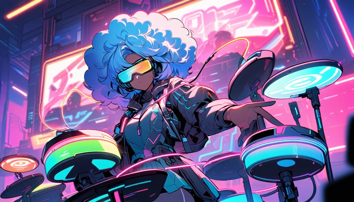 Beautiful, 1 dark skin, single girl, fluffy afro hair, blue hair, glowing wire, VR glasses mixed with sci-fi and neon tones. Behind it is a robot with neon lights. The background image is a large robot, clearly visible. ,on stage,playing electric drums