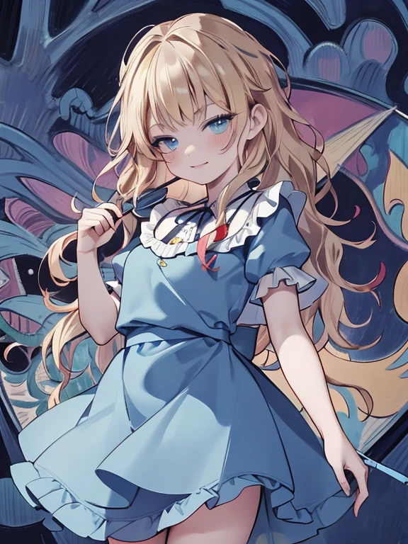 masterpiece, Highest quality, Very detailed, 16K, Ultra-high resolution, Cowboy Shot, Alice in Wonderland, (fauvism:1.4), -yeld gi Detailed face, smile, blue eyes, blonde, Long Hair, (wavy hair:1.5), Ribbon on head, Blue clothes, Plain white apron, 大きなclockのある部屋で, clock, 壁clock, Music Box