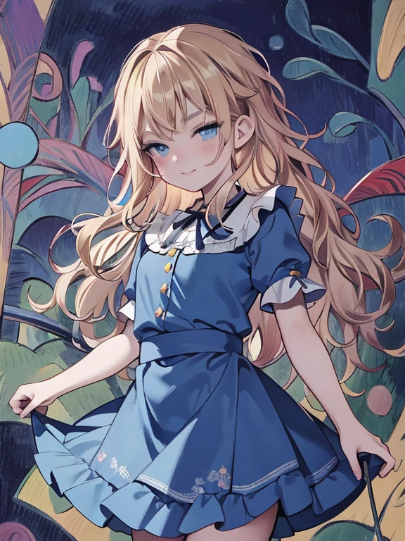 masterpiece, Highest quality, Very detailed, 16K, Ultra-high resolution, Cowboy Shot, Alice in Wonderland, (fauvism:1.4), -yeld gi Detailed face, smile, blue eyes, blonde, Long Hair, (wavy hair:1.5), Ribbon on head, Blue clothes, Plain white apron, 大きなclockのある部屋で, clock, 壁clock, Music Box