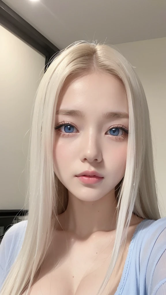 forehead、Big Breasts、Northern Europe、Russia、beautiful girl、Platinum Blonde Hair、Straight long hair、Hitting the face and front of the eyes、Big blue eyes、Sheer white and wet nightgown、Northern Europeの若者、Perfect body、White tendons、Glowing Skin、Young and beautiful skin、A perfect and beautiful little face、Bright makeup、Pale pink lips、Bright expression、、Unbuttoned shirt、lipstick、Deceptive advertising、{vapor}、Viewer's vision、Golden Hour Lighting、Bokeh Atmosphere Perspective、detailed、Movie Light、複雑なdetailed、High resolution、 フェイスデザインのdetailedな特徴、Attention to detail、Clear focus、Smoothness、aesthetics、Printed、Octane、{{masterpiece}}