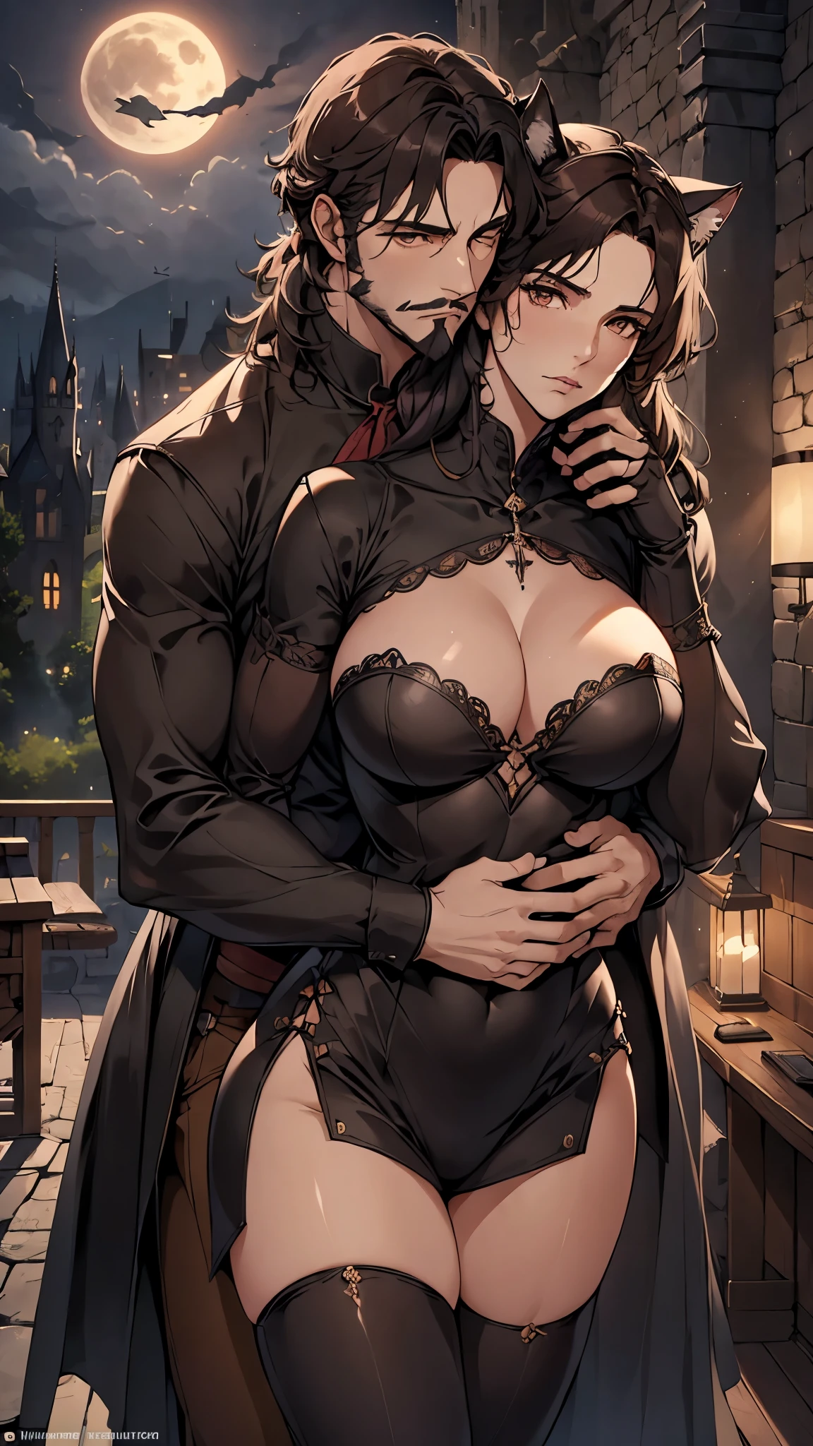 (((a man and woman couple posing dynamically, each one with their respective Lora)))At the heart of an incredibly realistic work of art., The neocruz man, or man , Midway transitions under the cover of night.. His muscles ripple and long black hair with a Count Dracula-style beard. , beautiful hugging woman.. He finds himself before an adult vampire junkotvv woman with (cat ears)., Her sleek leather outfit hugs her curves in a seductive way. its length, cabello negro con cat ears cae en cascada por su espalda, covering his face while putting up fierce resistance.. The captivating scene comes to life through fantastic realism., with every detail meticulously represented for the best sensory experience at night and under a full moon, on the outskirts of a gothic style castle.
