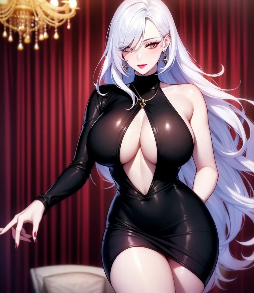Hot sexy beautiful cute milf, black tight knit dress,long big chandelier earrings,big breasts, lipstick,makeup,white hair,two falling hair strands,blush,