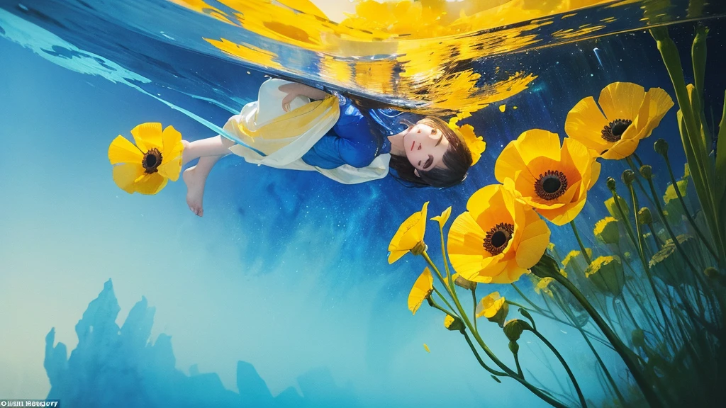 32k, Masterpiece, Highest quality, One girl, Detailed eyes, flower,Iceland Poppy, Blue and yellow style,A dreamy, romantic piece,Pale yellow, Mysterious Leaves,A playful arrangement,Fantasy,High Contrast,Ink strokes,explosion,Exposure, Impression of blue and yellow tones,Abstract,((Watercolours by John Berkey and Jeremy Mann )) Brush strokes,Negative Space, Tyndall effect,