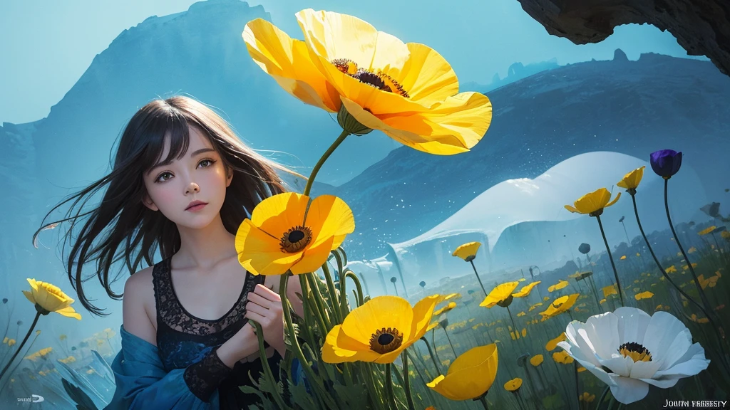 32k, Masterpiece, Highest quality, One girl, Detailed eyes, flower,Iceland Poppy, Blue and yellow style,A dreamy, romantic piece,Pale yellow, Mysterious Leaves,A playful arrangement,Fantasy,High Contrast,Ink strokes,explosion,Exposure, Impression of blue and yellow tones,Abstract,((Watercolours by John Berkey and Jeremy Mann )) Brush strokes,Negative Space, Tyndall effect,