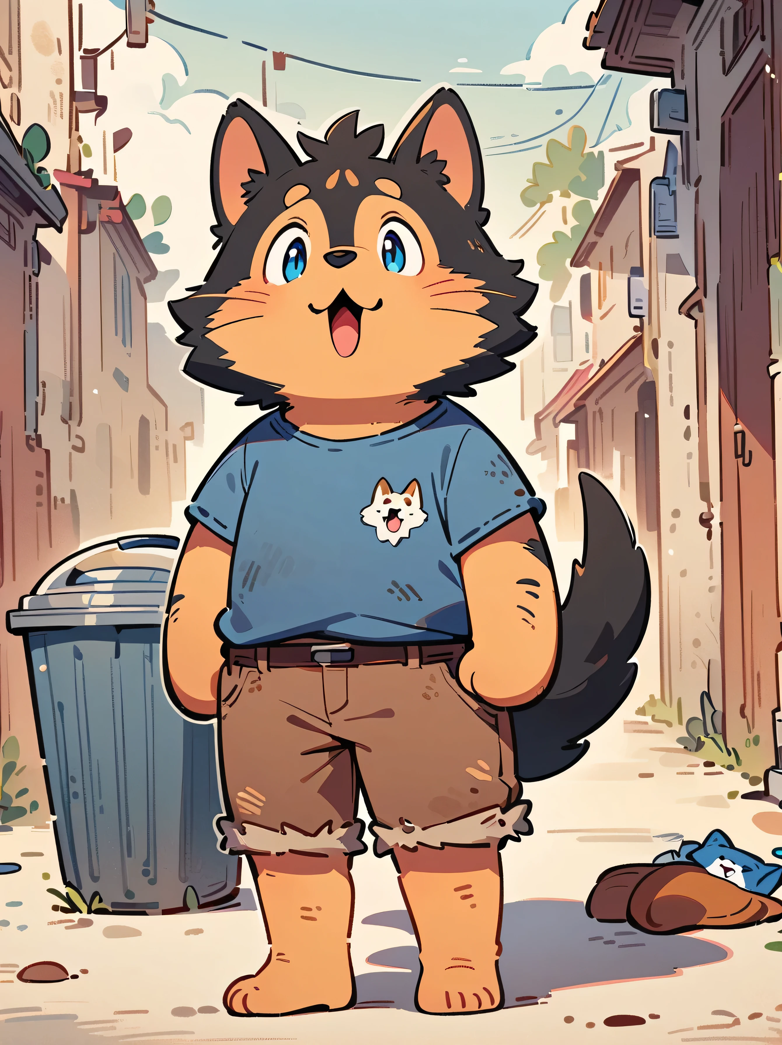 Cartoon illustration,simple,Depicts an anthropomorphic dog,hairy,Dog Boy,Black fur,blue eyes,Single tail,short detailed hair, Suit, male, short, Smile, Eyes half closed,Q version, Handsome,Masterpiece, high resolution,8K,(((独奏))),(T-Shirt,barefoot:0.6),Looking at the audience,Viewing angle,Handsome's expression,