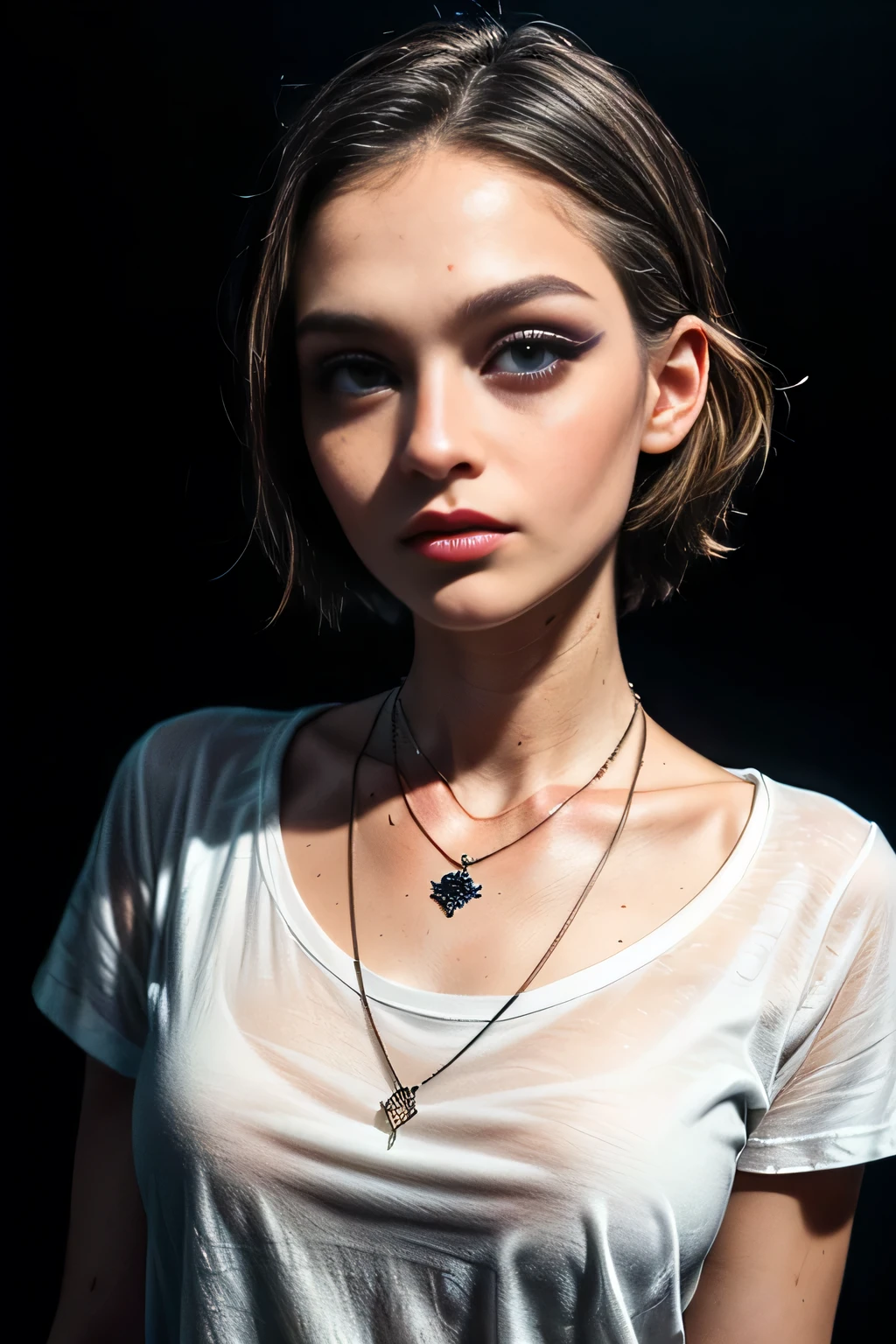 (masterpiece, photorealistic:1.4, extremely intricate:1.3, radiosity, photon mapping, dtx, 8K), ((((closeup necklace, white t-shirt, humid)), humid, [skin detail:freckles:0.5], 19 year age supermodel), dark room, ((black background, dark room, empty room, makeup:1.2, clear bright colored eyes)))