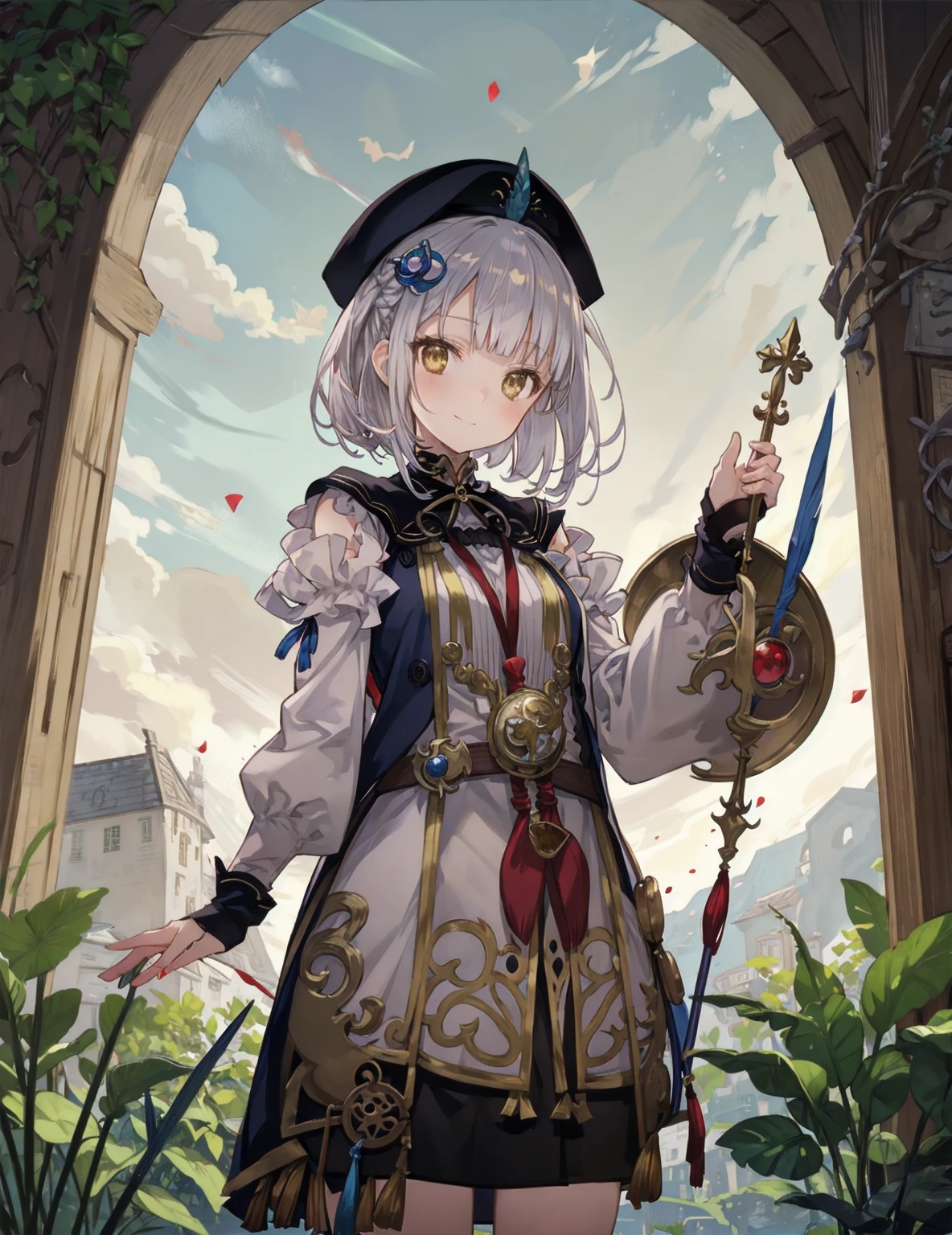 natural lighting, dusk, down, light smile, upturned cheeks, slightly shining hair, half up do, beret, hair ornament, alchemist, atelier series, large staff, gold, silver, Gemstones, brilliance, precious, 1girl, solo, fantasy landscapes, Scholarly, intellectual, floating light, magnificent, splendid,
