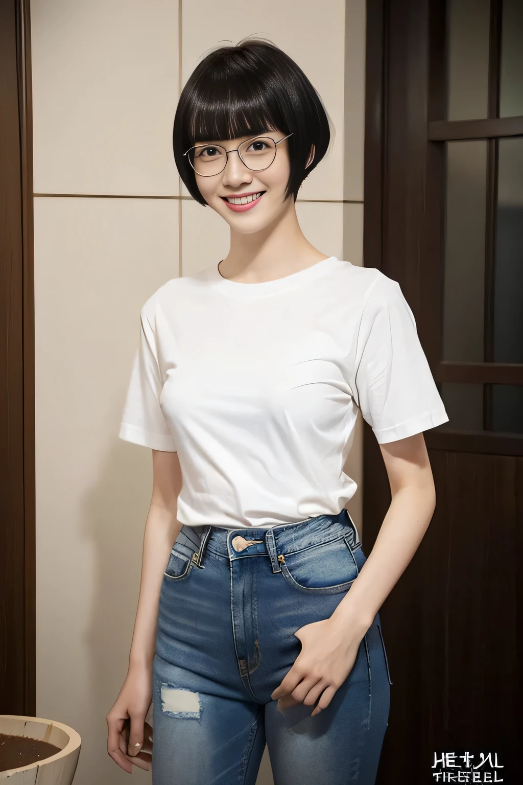medium shot, ((white T-shirt and blue denim jeans)), japanese lady, pale skin, droopy eyes, 21 year old,(Black short bowl cut hair with blunt bangs:1.3),((standing)), high quality:1.3, shoot from below,Professional lighting:2.0 realistic:1.2,(cinematic lighting), 4k resolution, detailed skin, masterpiece:1.1, ((heyapanel)), (lovehotel), reception, scenery, japan,(smile:1.3),((night)), (Entrance of lovehotel),(Black cell frame glasses:1.3),(nipples poking through clothes),