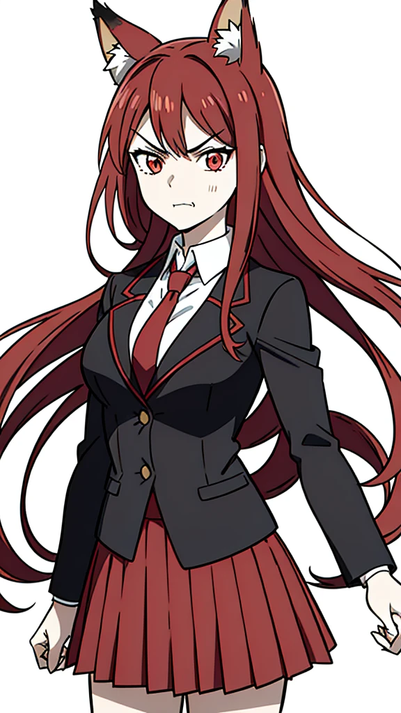 1girl ,20s,mature female,angry face,red hair,long hair,fox ears,(white background, line drawing),shirt,black standard tie,black jacket, blazer,long sleeves, red pleated skirt,(upper body)