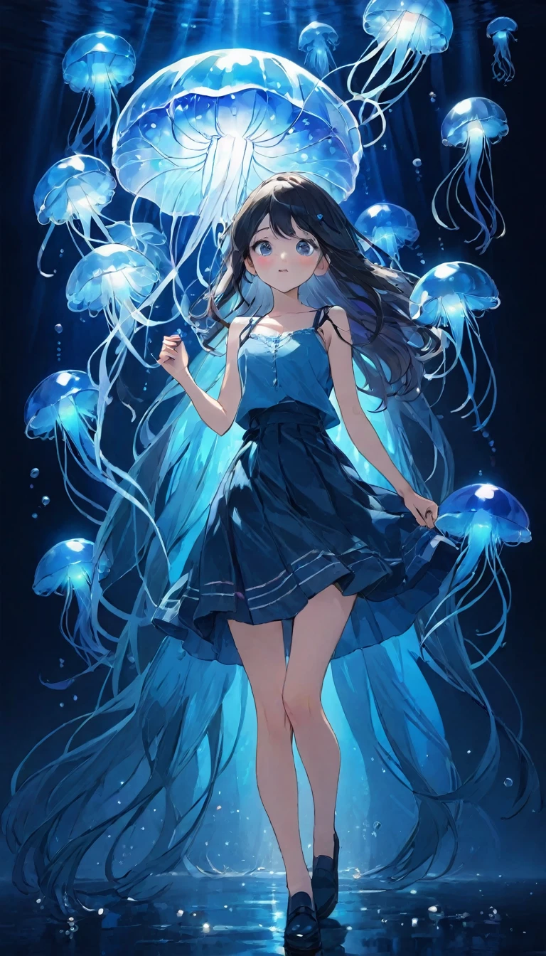 finely detailed illustration, best quality, masterpiece, vibrant color,High resolution、８ｋ、Pitch blackの静寂を演出、Wallpaper Art、Very detailed_face_eye、sharp focus on eyes, 非常に繊細なfaceと肌の質感、Woman looking around、pretty girl、、camisole、denim hot skirt、Jellyfish floating in the air、Blue glowing jellyfish、Fluorescent jellyfish、Mystical Expressions、Synaptic vesicles、Neuron、Pitch black、The only light source is a jellyfish、