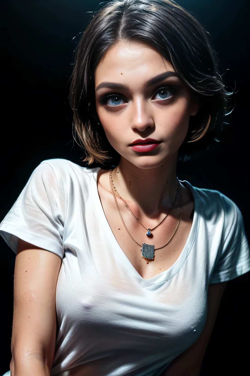 (masterpiece, photorealistic:1.4, extremely intricate:1.3, radiosity, photon mapping, dtx, 8K), ((((closeup necklace, white t-shirt, humid)), humid, [skin detail:freckles:0.5], 19 year age supermodel), dark room, ((black background, dark room, empty room, makeup:1.2, clear bright colored eyes)))