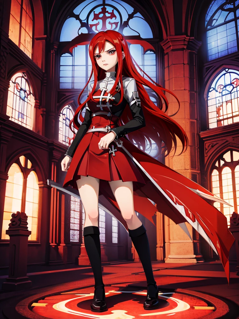 Full body picture of 1 girl: Erza Scarlet, wearing Rin Tohsaka outfit, in a church with huge windows at night,
