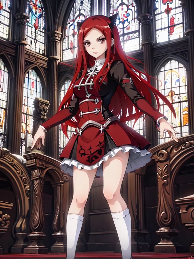 Full body picture of 1 girl: Erza Scarlet, wearing Rin Tohsaka outfit, in a church with huge windows at night,