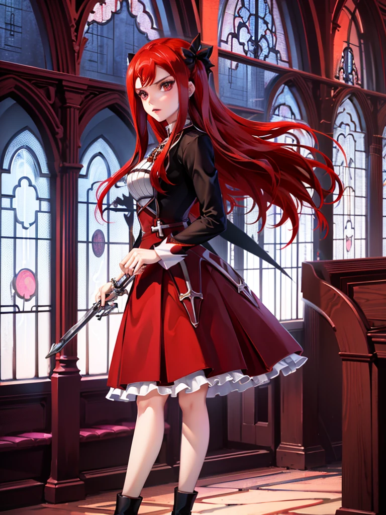 Full body picture of 1 girl: Erza Scarlet, wearing Rin Tohsaka outfit, in a church with huge windows at night,