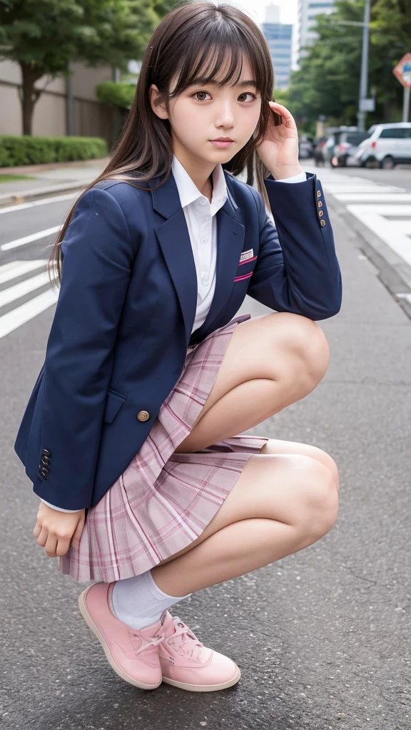 A Japanese 18-year-old high school girl in a navy blue blazer uniform、Grey and pink checked mini skirt、Plump thighs、Crouching, facing forward