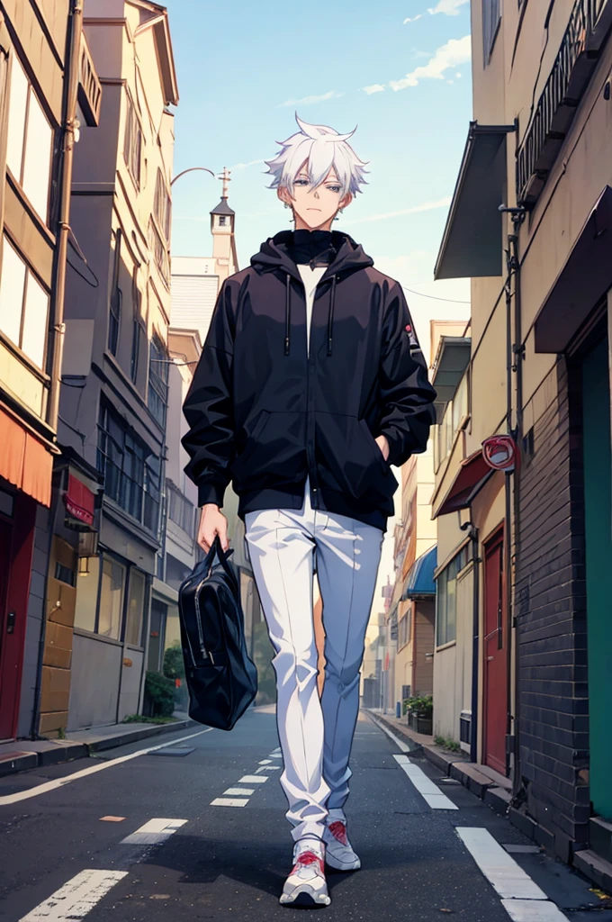 25 years old anime man with white hair, walking down the street with his hands in his pockets