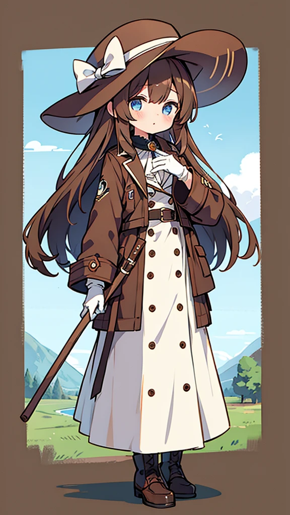 Girl brown long hair、Brown marine hat、Holding a brown walking stick、Brown and white dress Blue eyes、White gloves look cool