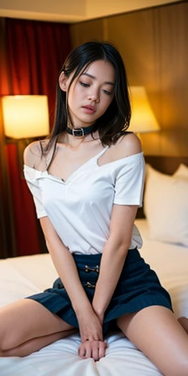 (((On the bed at the love hotel:1.35)))、(((sleep:1.35)))、(((Spread your legs wide:1.35)))、(((mini skirt:1.35)))、(((No underwear:1.35)))、Neat 、(Schoolgirl Uniform、Loose and large shirt、I can see your shoulders、Swollen nipples、16-year-old girl、Your shirt is wet、Sheer white shirt、Navy blue ribbon on collar、 blazer、Dark blue pleated micro mini)、Off-field、(Slime-ified)、Photorealistic、detailed, Skin Texture, 超detailedな、Delicate and sexy collarbone、非常にdetailedな顔、detailedな唇、detailedな目、double eyelid、Small breasts、Small breasts、Small shopping mall、Flat Chest、Emphasize the chest、Very hurt look、Very embarrassed look、Raise the hem of the skirt yourself,、Showing her white panties to the camera