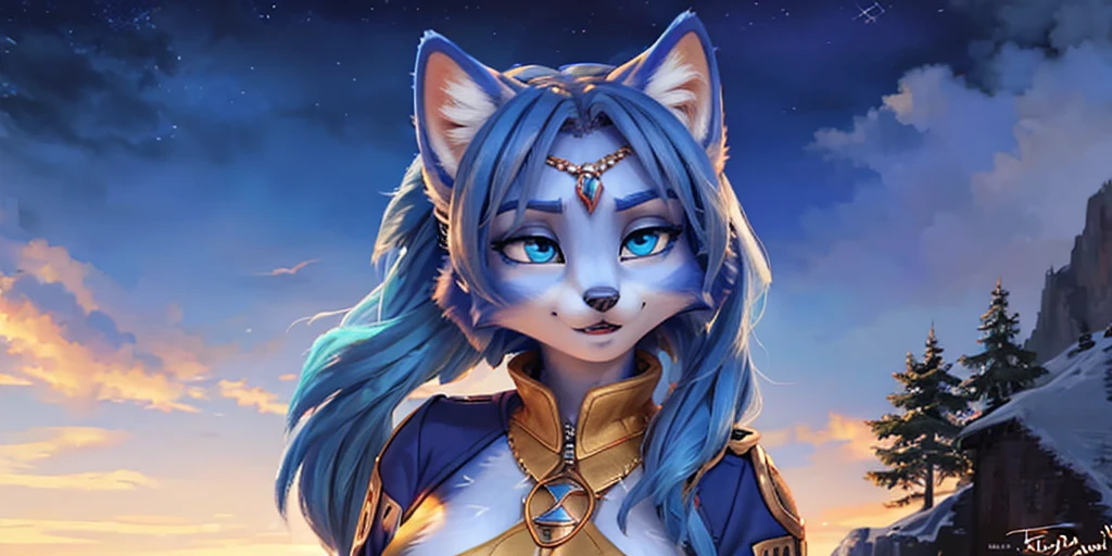 A beautiful and detailed (full body portrait) wa ((Krystal)), Star Fox Krystal, sslim, lovable, green eyes, medium breasts, (((Long blue hair 1.3))), Decollete, anthro, furry, Uploaded E621, detailed fluffy fur, (wa Fluff-Kevlar, Bayard Wu, Personalami, Pino Daeni), detailed face, (fluffy), 1 girl, alone, sweet girl, 
