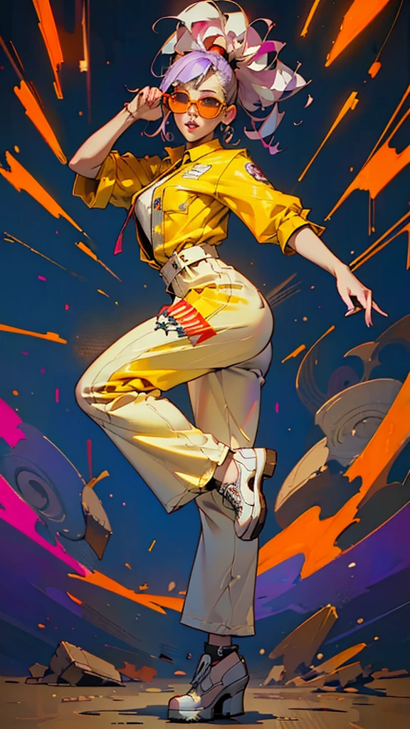 White workwear jumpsuit、A woman wearing a costume with glowing purple lines, cyber punk, Hard Rock Metal, Mosh Pit, (Highest quality,4K,8K,High resolution,masterpiece:1.2),Live Stage、Costume with glowing red lines、Large sunglasses,Colorful punk hairstyle、Full body portrait、dynamic dancing