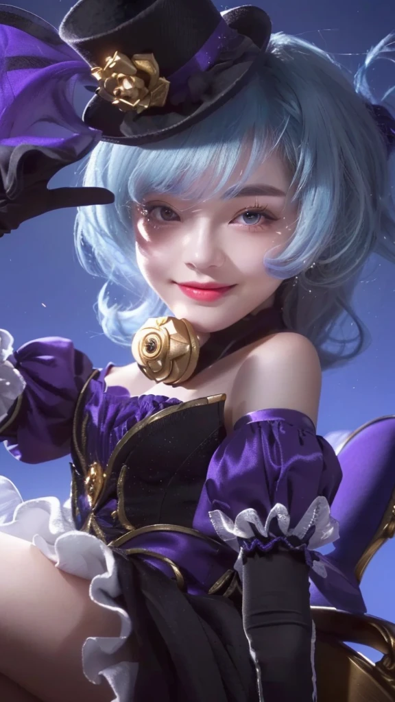 (8k, RAW photo, photorealistic:1.25) ,( lipgloss, eyelashes, gloss-face, glossy skin, best quality, ultra highres, depth of field, chromatic aberration, caustics, Broad lighting, natural shading, looking at viewer with a serene and goddess-like happiness, a 12 years old girl, Japanese girl, white hair, short hair, bangs between eyes, Big eyes, O_<, wink, love tattoo, V pose, smiling, sleeveless, long gloves, purple outfit, black corset-like top, bell choker, Halloween magician hat, bat-wings, Sitting on a very huge Shuriken Fidget Spinner. Skirts.