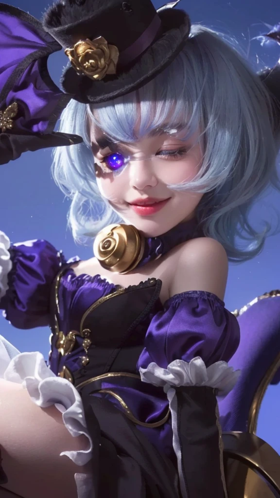 a close up of a young girl in a top hat and purple dress, white hair, beautiful detailed eyes, beautiful detailed lips, extremely detailed face, longeyelashes, smiling, blinking eye, intricate details, soft lighting, warm color palette, (best quality,4k,8k,highres,masterpiece:1.2),ultra-detailed,(realistic,photorealistic,photo-realistic:1.37),high quality portrait, cinematic lighting, detailed fashionable dress, elegant and whimsical