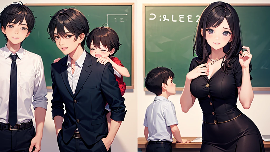 Highest quality,Highest quality,A female  teacher in her twenties and a six-year-old boy、ht lskirte teacher hugs the boy from behind.、Put your hand in your crotch