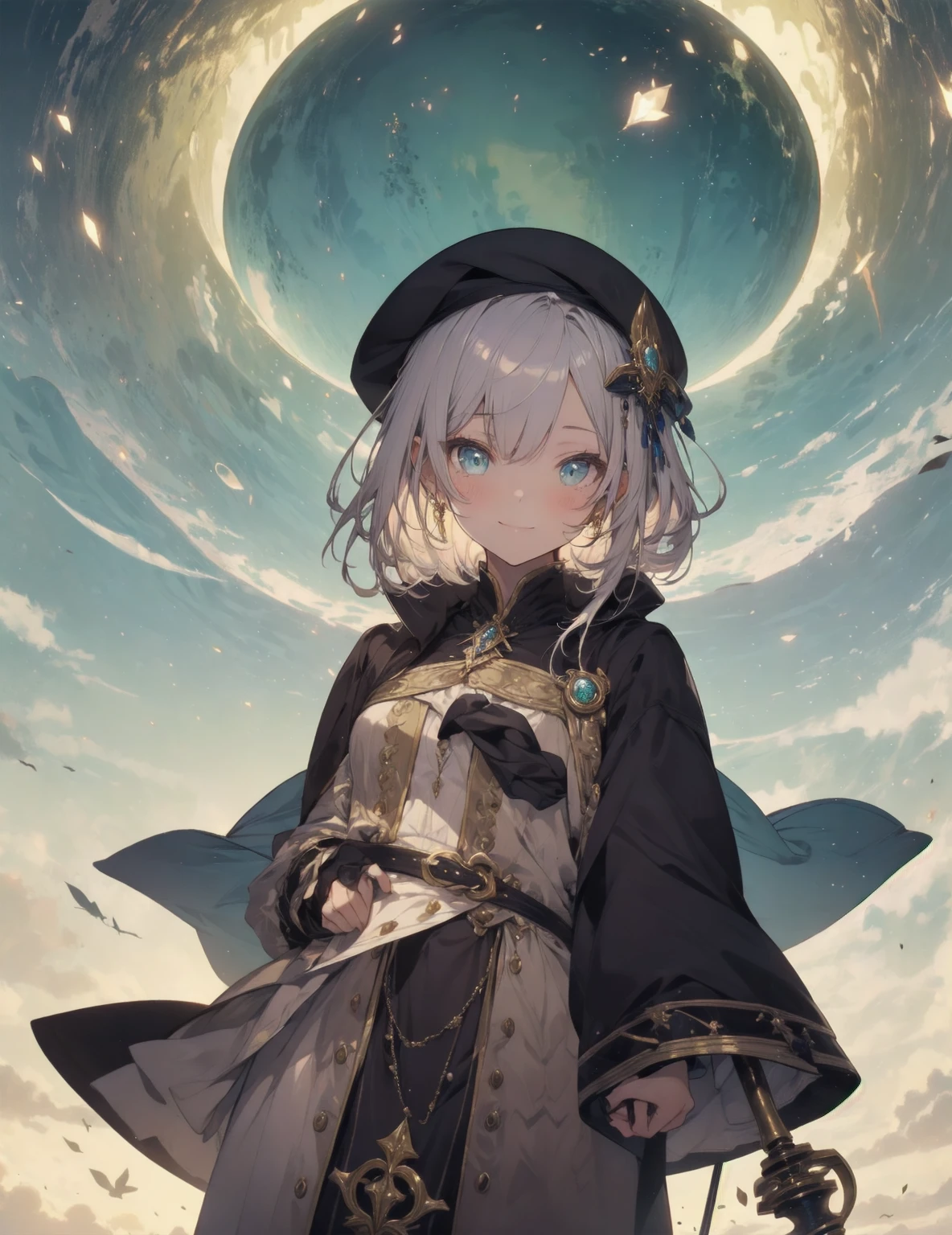 natural lighting, dusk, down, light smile, upturned cheeks, slightly shining hair, half up do, beret, hair ornament, alchemist, atelier series, large staff, gold, silver, Gemstones, brilliance, precious, 1girl, solo, fantasy landscapes, Scholarly, intellectual, floating light, magnificent, splendid,