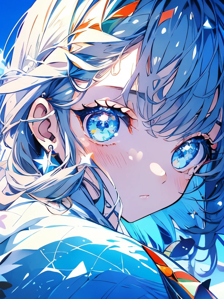 masterpiece、girl、Rainbow colorsの髪、Sparkling eyes、Serious face、Shining Background、Starry Ski、Rainbow colors、Ocean