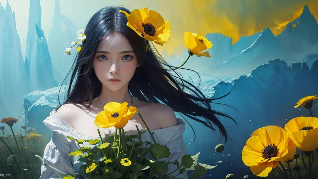 32k, Masterpiece, Highest quality, One girl, Detailed eyes, flower,Iceland Poppy, Blue and yellow style,A dreamy, romantic piece,Pale yellow, Mysterious Leaves,A playful arrangement,Fantasy,High Contrast,Ink strokes,explosion,Exposure, Impression of blue and yellow tones,Abstract,((Watercolours by John Berkey and Jeremy Mann )) Brush strokes,Negative Space, Tyndall effect,