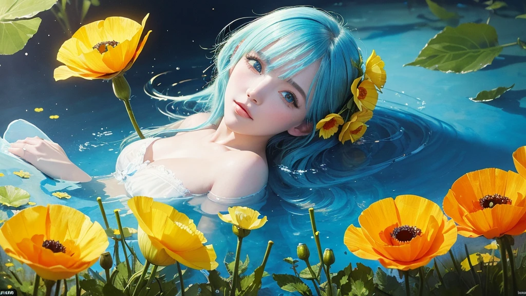 32k, Masterpiece, Highest quality, One girl, Detailed eyes, flower,Iceland Poppy, Blue and yellow style,A dreamy, romantic piece,Pale yellow, Mysterious Leaves,A playful arrangement,Fantasy,High Contrast,Ink strokes,explosion,Exposure, Impression of blue and yellow tones,Abstract,((Watercolours by John Berkey and Jeremy Mann )) Brush strokes,Negative Space, Tyndall effect,