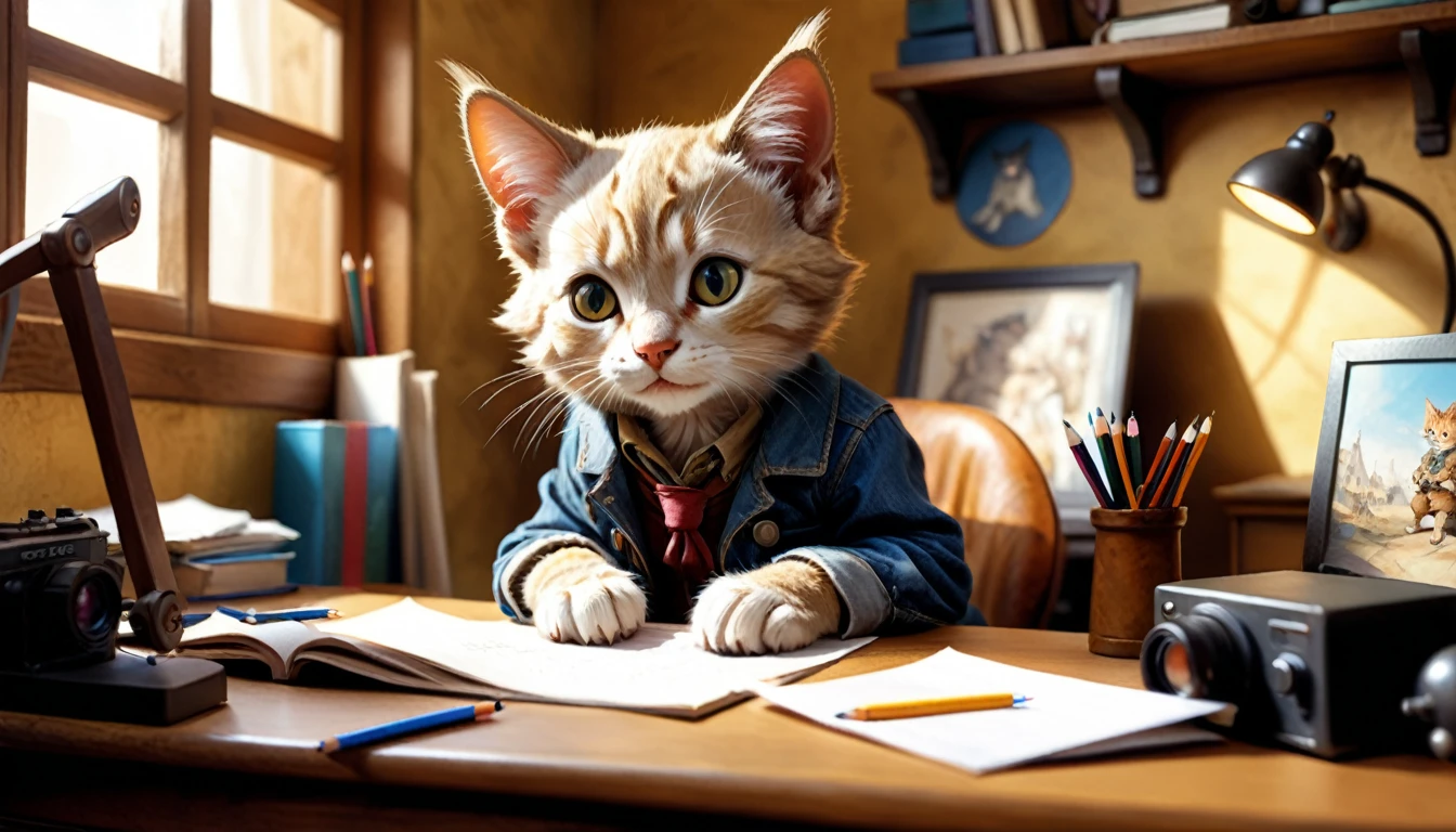 (photo film style), anthropomorphic, cute kitten, , in his room, studying, 2D, colorful, warm atmosphere, shiny, Jean-Baptiste Monge style, Alan Lee style
