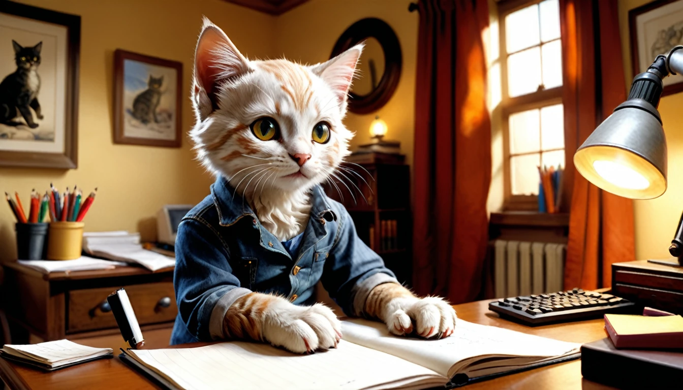 (photo film style), anthropomorphic, cute kitten, , in his room, studying, 2D, colorful, warm atmosphere, shiny, Jean-Baptiste Monge style, Alan Lee style