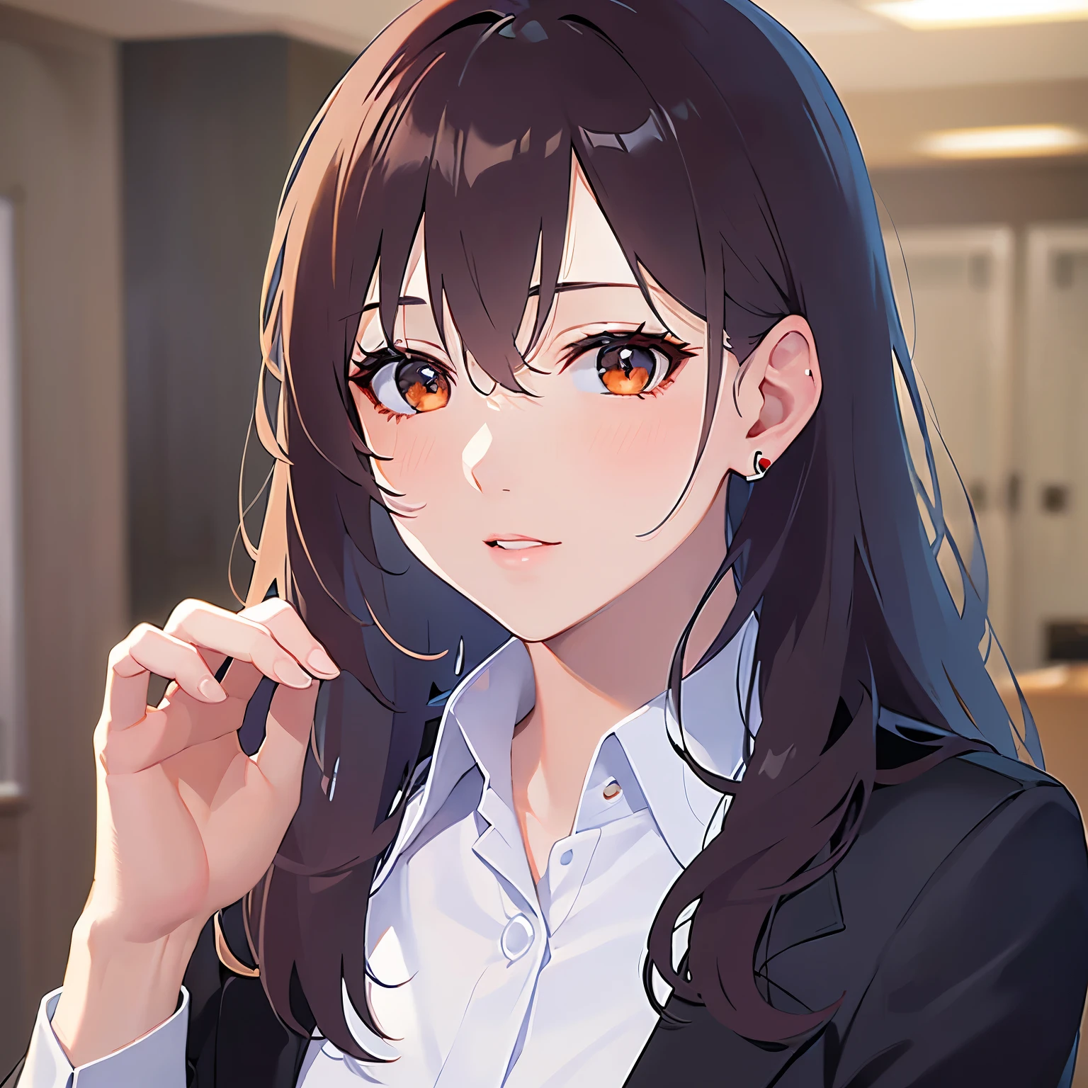 (Touching ear:1.5),upper body、 Biologically correct5Finger、Realistic, real person, (pale skin: 1.2), RAW photo, photorealistic, shiny skin, shiny hair、 (A 35-year-old woman with medium-length hair and bangs) and (wavy hair) and (brown hair) and (Orange Eyes) (Wearing a business suit:1.5) and (Wearing a white collared shirt)、(blush:1.5),The background is the office lobby.、Alone、Wearing a black jacket