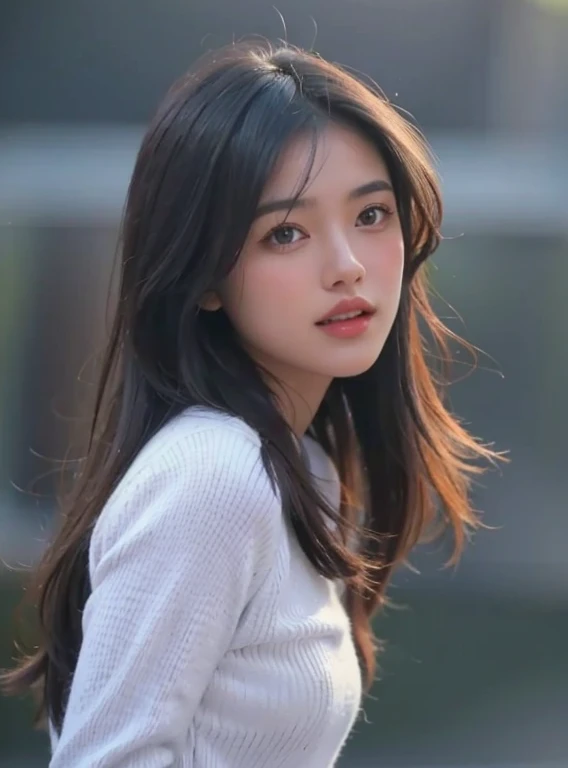 A pretty girl with dark hair  wearing a white sweater.