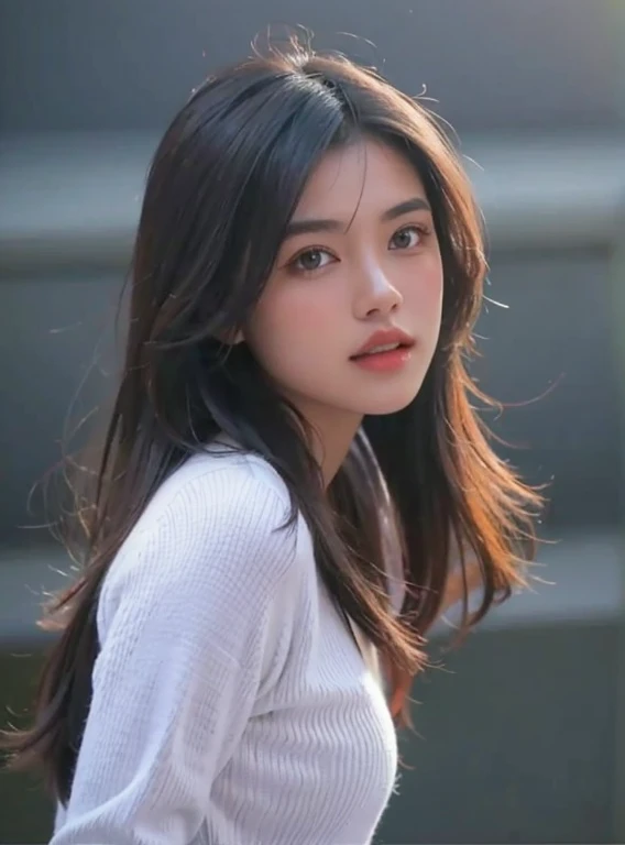 A pretty girl with dark hair wearing a white sweater.
