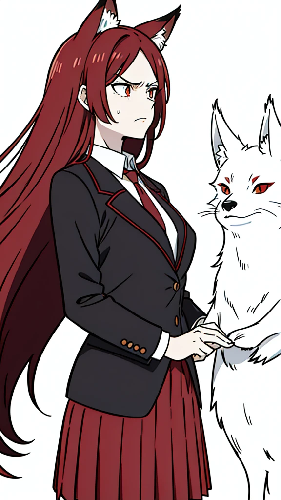 1girl ,20s,mature female,angry face,red hair,long hair,fox ears,(white background, line drawing),shirt,black standard tie,black jacket, blazer,long sleeves, red pleated skirt,(upper body)