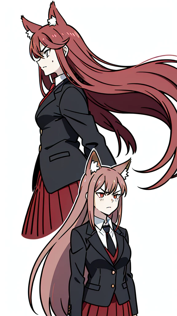 1girl ,20s,mature female,angry face,red hair,long hair,fox ears,(white background, line drawing),shirt,black standard tie,black jacket, blazer,long sleeves, red pleated skirt,(upper body)