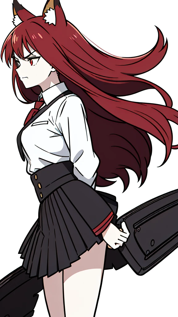 1girl ,20s,mature female,angry face,red hair,long hair,fox ears,(white background, line drawing),shirt,black standard tie,black jacket, blazer,long sleeves, red pleated skirt,(upper body)