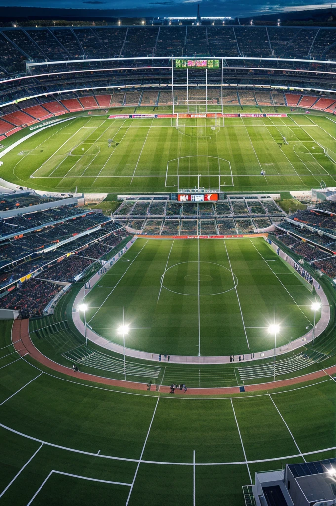 a lush green football field, a massive stadium with towering stands, floodlights illuminating the field, a football soaring through the air, dynamic sports action, cinematic angle, ultra detailed, 8k, realistic, photorealistic, dramatic lighting, vibrant colors