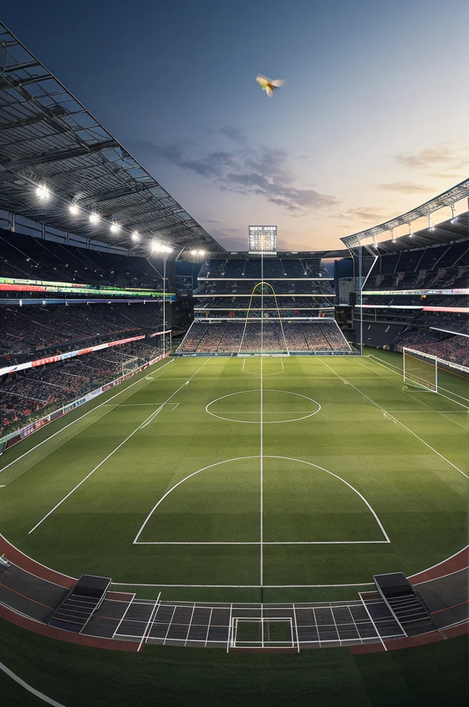 a lush green football field, a massive stadium with towering stands, floodlights illuminating the field, a football soaring through the air, dynamic sports action, cinematic angle, ultra detailed, 8k, realistic, photorealistic, dramatic lighting, vibrant colors