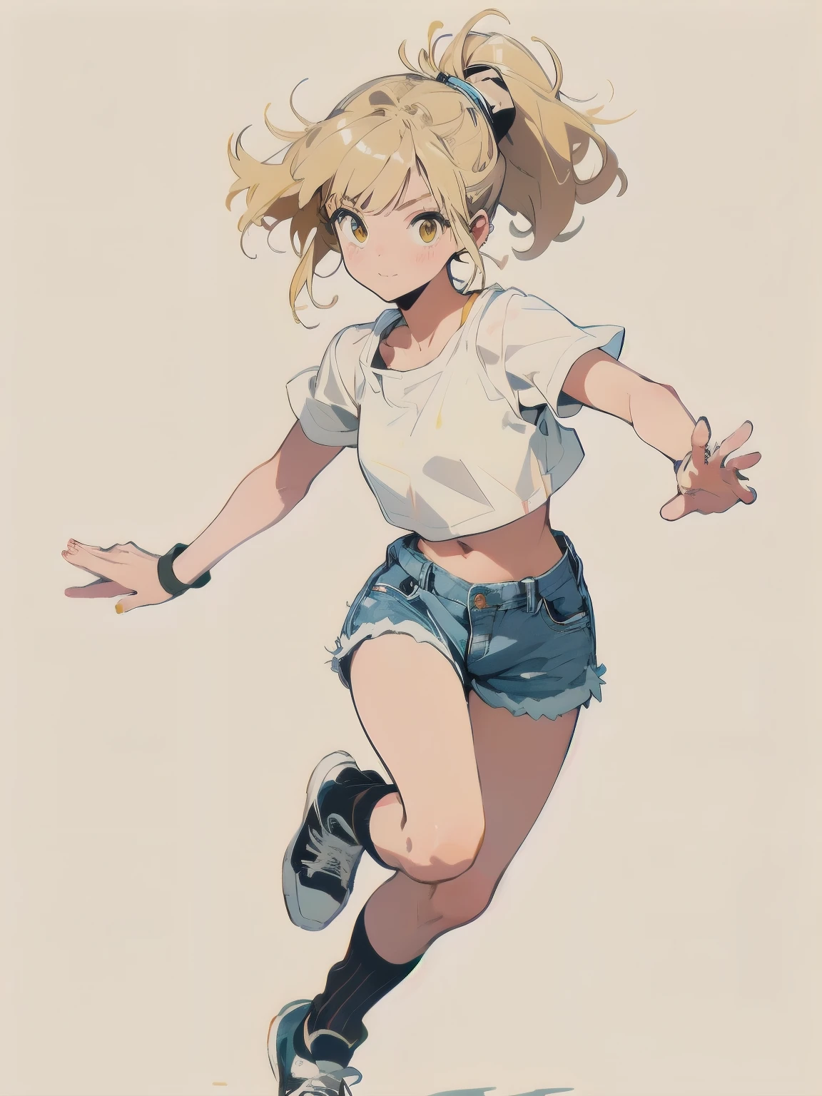 An adult gal is running towards me, Confident expression, Background is white, blonde, ponytail, Blunt bangs, Yellow Eyes, Yellow eyelashes, Beautiful Girls in Anime, Clean small surfaces, 1 cute girl, Adult Gal、Highest quality、ウルトラ - High resolution、High resolution、Detailed CG、8k unit wallpaper、25 talents、Beautiful and beautiful eyes, (((White crop top, white tank top, white camisole、Denim shorts、loose socks、Tech Sneakers)))),