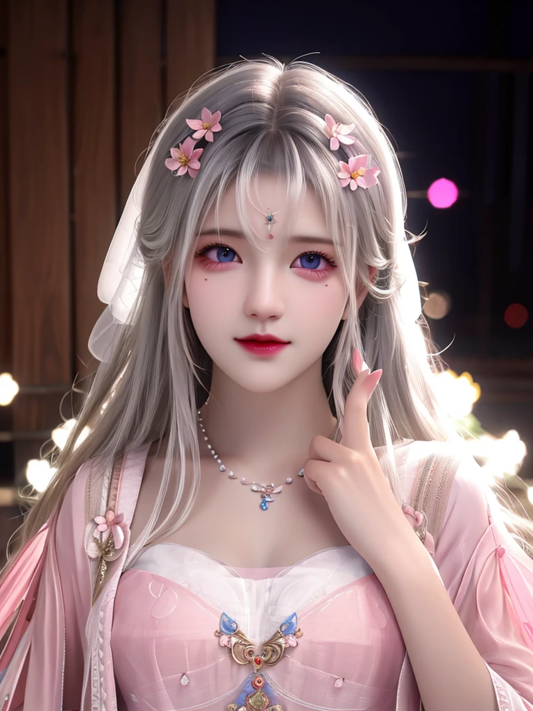 best quality, masterpiece, High target, There is a girl with a basket of flowers on her head, beautiful clothes, Hair Decorationss, necklace, Decorations, Pretty Face, When the body, Tyndall effect, Realistic Portraits, Edge lighting, Two-color light, (Very delicate skin:1.2), 8K uhd, Digital SLR Camera, Soft Light, high quality, Volumetric Lighting, Honest, photo, high resolution, 4K, 8K, Bokeh, Pure white hair,Pink Eyes.
