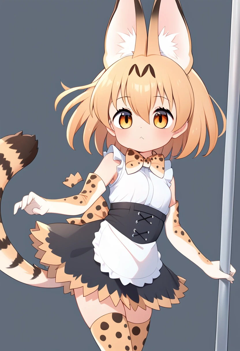 Score_9, Score_8_up, Score_7_up, Score_6_up, Score_5_up, Score_4_up, source_anime, 1girl, li, maid, servalkemono, serval ears, print legwear, print gloves, print bowtie, tail, sleeveless shirt, high-waist skirt, serval print, North Pole