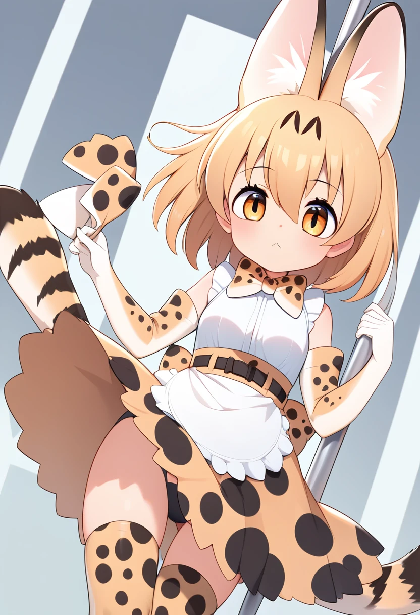 Score_9, Score_8_up, Score_7_up, Score_6_up, Score_5_up, Score_4_up, source_anime, 1girl, , maid, servalkemono, serval ears, print legwear, print gloves, print bowtie, tail, sleeveless shirt, high-waist skirt, serval print, North Pole