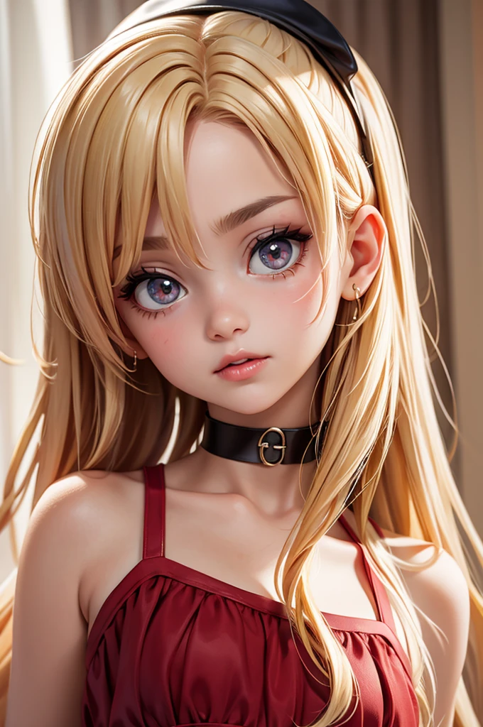 hyperrealistic  american teen, blonderfect tiny body, sexy, dark makeup, small choker, perfect slim face, big red lips, very cute face, tiny body, big eyes, young looking, childish looking, ballet tutu