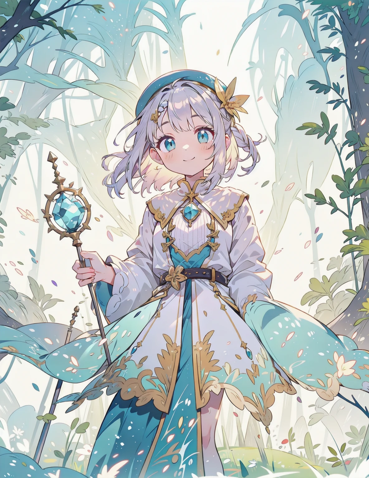 natural lighting, dusk, down, light smile, upturned cheeks, slightly shining hair, half up do, beret, hair ornament, alchemist, atelier series, large staff, gold, silver, Gemstones, brilliance, precious, 1girl, solo, fantasy landscapes, Scholarly, intellectual, floating light, magnificent, splendid,
