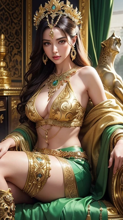 a woman in an ancient or mythological setting, adorned with gold jewelry and wearing a green skirt. She is posed reclining on a luxurious surface with two leopards beside her. The background has ornate designs, contributing to the opulent and regal atmosphere. The lighting is warm and dramatic, enhancing the ethereal and majestic feel of the scene. The woman’s attire and the presence of leopards suggest a depiction of a figure of power or divinity, reminiscent of a queen or goddess from ancient times, elegance pose , medium long shot